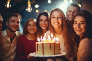 ai generado alegre amigos celebrando con un cumpleaños pastel a fiesta foto