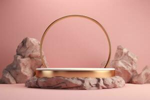 AI generated Elegant Round Gold Pedestal on Rocky Base with Pink Background photo
