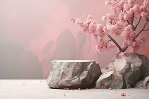 AI generated Cherry Blossoms and Rocky Terrain Backdrop photo