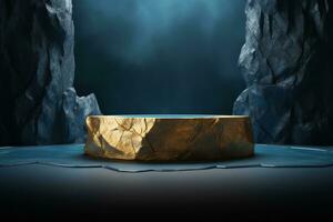 AI generated Mystical Golden Podium in a Dark Cave Ambiance photo