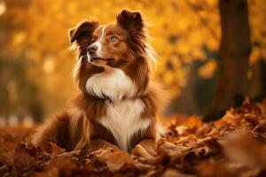 ai generado australiano pastor acostado en otoño hojas foto