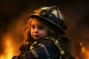 AI generated Young Child in Firefighter Helmet With Fiery Background photo