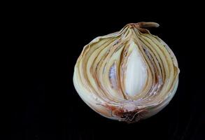 Half of a rotten onion on a dark background. Rotten and moldy onions. photo