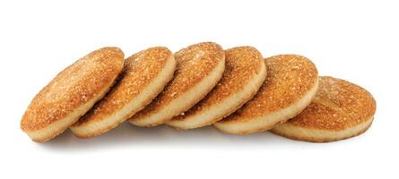 Beautiful round cookies isolated on a white background. A row of cookies on a white background. photo