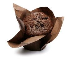 Chocolate muffin isolated on white background . Muffin with chocolate chips. photo