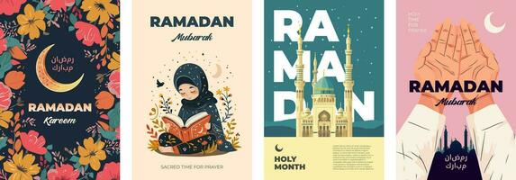 Islamic holy month Ramadan Kareem posters. Islam mosque with crescent. Moslem girl reads Quran. Man palms folded in Muslim prayer. Festive floral ornament. Arabic text translation Ramadan Mubarak. Eps vector