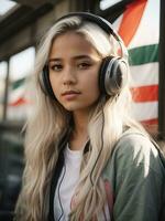 a girl with white hair is listening to music, AI generated photo