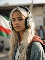 a girl with white hair is listening to music, AI generated photo