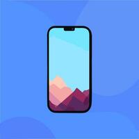 Smartphone with mountains in the screen. Vector illustration in flat style