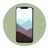 teléfono inteligente con montañas en el pantalla. vector ilustración en plano estilo