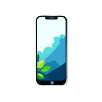 Smartphone with green leaves and mountains on the screen. Vector illustration.