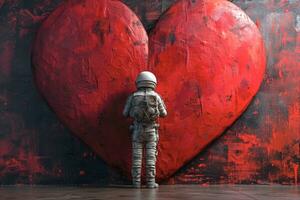 AI Generated A man in an astronaut costume stands near the wall and draws a huge heart, minimalism style and soft focus photo