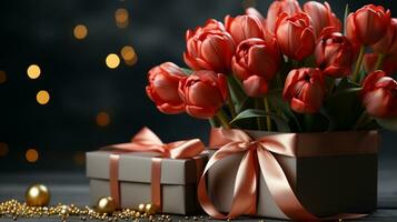 AI Generated In a beige gift box there is a bouquet of red tulips, next to it is a gift and scattered gold beads photo