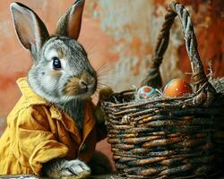 ai generado un gris Conejo con un rojo nariz en un amarillo vestido Saco soportes cerca un marrón mimbre cesta con Pascua de Resurrección huevos foto