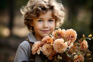 AI Generated Selective focus, close-up small curly-haired boy holds a bouquet of flowers in his hands photo