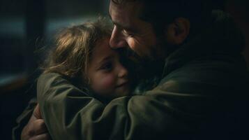 ai generado un hombre con un barba y en un oscuro verde chaqueta es participación un pequeño niña en su brazos, ellos son contento foto