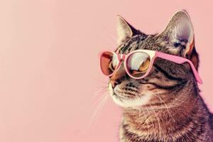 ai generado de cerca de un atigrado gato en rosado lentes en un rosado antecedentes con copyspace mirando lejos foto