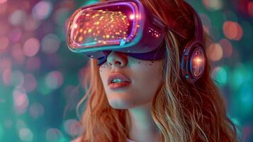 AI Generated Girl with red hair, fair skin and glitter on cheeks wearing virtual reality glasses of a little shade against the background of blurred lights photo