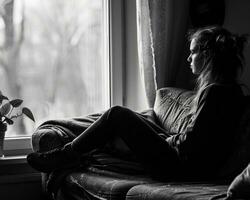 ai generado en el estilo de minimalismo y monocromo, triste niña sentado en el sofá en el habitación, mirando fuera el ventana foto