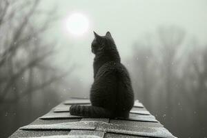 AI Generated Monochrome style, selective focus, fluffy cat sitting on the roof on a cloudy day and looking at the sun peeking through gray clouds photo