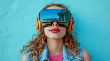 AI Generated Against the background of a turquoise stone wall stands a girl wearing a pink t-shirt and denim sleeveless jacket and wearing virtual reality glasses photo