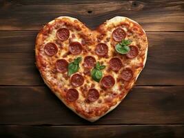 ai generado Pizza en de madera antecedentes en corazón forma parte superior ver foto