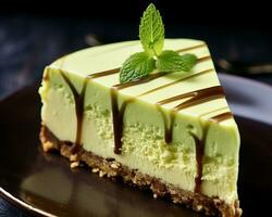 AI Generated On a brown plate lies a cheesecake with a green shamrock on top photo