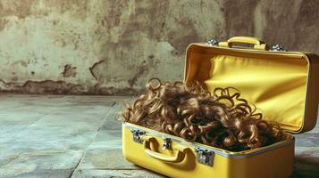 AI Generated An open yellow suitcase full of curls of hair lies on the light floor, background with copy space photo