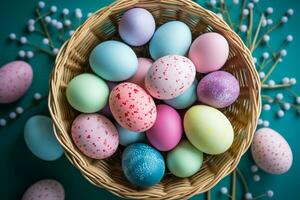 AI Generated Top view of wicker basket with colorful painted easter eggs on green background photo