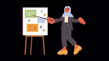 Muslim office worker giving presentation cartoon animation. Hijab employee pointing stick 4K video motion graphic. Female presenter 2D color animated character isolated on transparent background