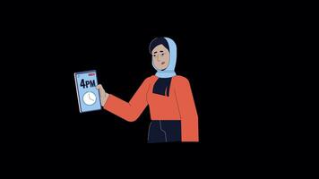 Exausta hijab mulher verificação Tempo em celular linha 2d personagem animação. ser atrasado plano cor desenho animado 4k vídeo, alfa canal. insone muçulmano fêmea animado pessoa em transparente fundo video