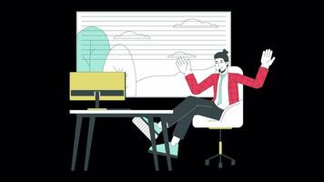 Resting more at work line cartoon animation. Quiet quitting 4K video motion graphic. Caucasian male office worker putting legs on table 2D linear animated character isolated on transparent background