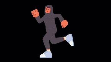 muslim kvinna idrottare joggning tecknad serie animation. löpning i hijab sports 4k video rörelse grafisk. friska liv. arab kvinna löpare 2d Färg animerad karaktär isolerat på transparent bakgrund