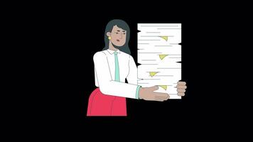 Demanding boss delegating more tasks line 2D character animation. Holding papers pile flat color cartoon 4K video, alpha channel. Angry indian female manager animated person on transparent background video