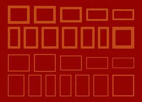 Collection of different chinese retro border vector flat illustration. Set of various traditional golden china frame isolated on red background