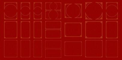 Collection of different chinese retro border vector flat illustration. Set of various traditional golden china frame isolated on red background