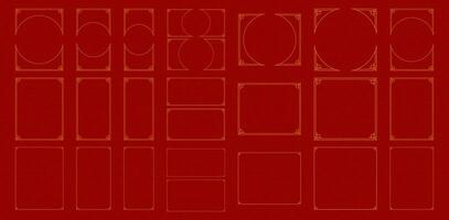 Collection of different chinese retro border vector flat illustration. Set of various traditional golden china frame isolated on red background