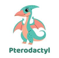 Cute dinosaur pterodactyl flat illustration of a cheerful up historical character vector