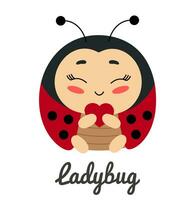 Cute insect ladybug with heart, cartoon character vector illustration