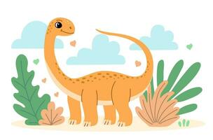 Cute dinosaur diplodocus flat illustration of a cheerful up historical character. vector