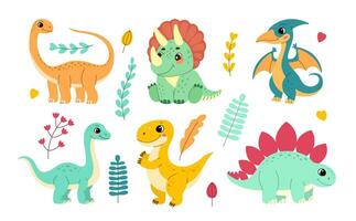 Set of flat illustrations of cute dinosaurs, Diplodocus and Tyrannosaurus, Pterodactyl and Stegosaurus, Triceratops and Brontosaurus vector