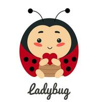 Cute insect ladybug with heart, cartoon character vector illustration