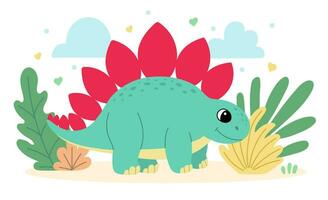 Cute dinosaur stegosaurus flat illustration of a cheerful up historical character. vector