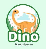 Cute logo dinosaur diplodocus flat illustration of cheerful up historical character vector