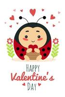 Cute insect ladybug with heart, cartoon character vector illustration