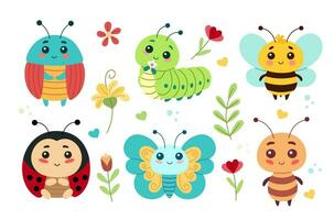 un conjunto de linda dibujos animados insectos cuales incluye un mariquita, un mariposa, un oruga, un escarabajo, un abeja, un hormiga. vector ilustración para niños y niños pequeños, bebé