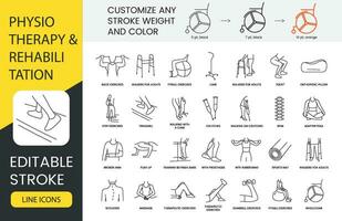 Physiotherapy and rehabilitation line icons set in vector, fitball exercises and wheelchair, massage and dumbbell exercises. Editable stroke, you can change the width and color of the stroke. vector