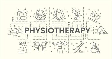 Web banner physiotherapy with illustrations of massage and various physical exercises on the fitball, with dumbbells, vector linear graphics.