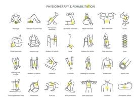 Set of icons physiotherapy and rehabilitation, dumbbell exercises, back exercises, with rubber band, spine and fitball exercises, adaptive yoga, push up and squat. Linear vector illustration