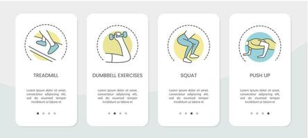 Vector design for physiotherapy applications using icons of physical exercises with dumbbells, on a treadmill and push-ups from the floor.